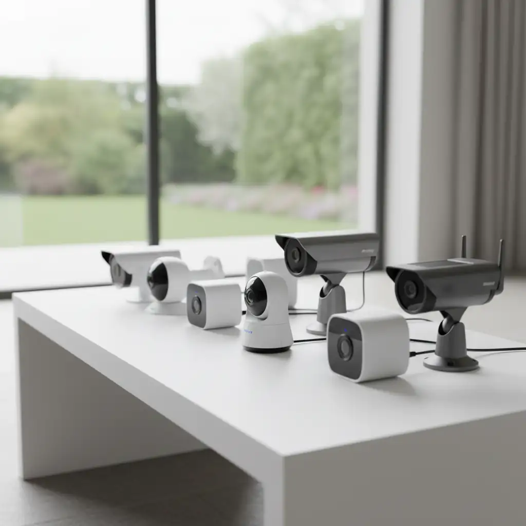 Assortment of modern security cameras