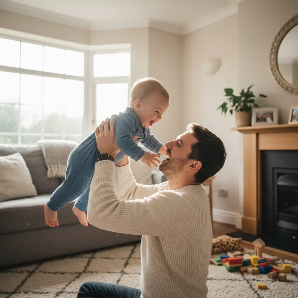 Happy father and child indoors