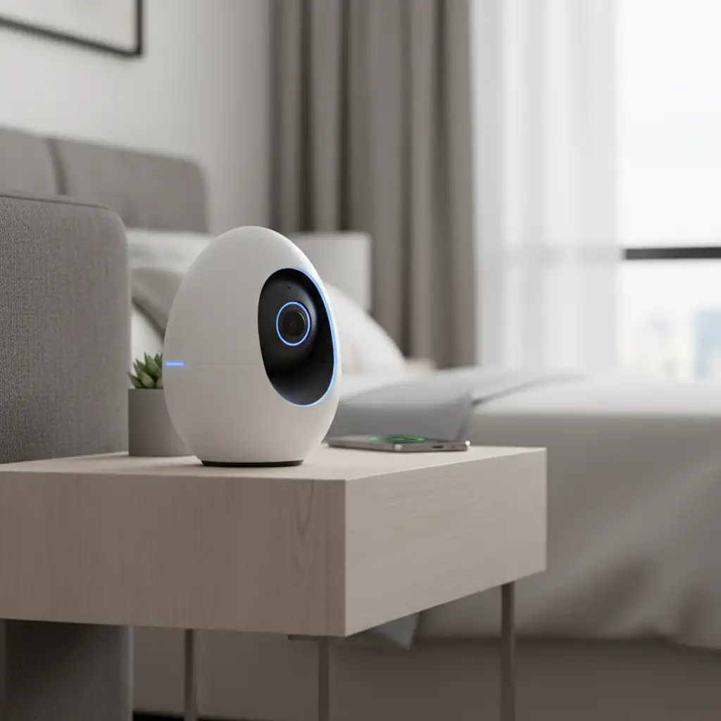 Smart home camera on nightstand