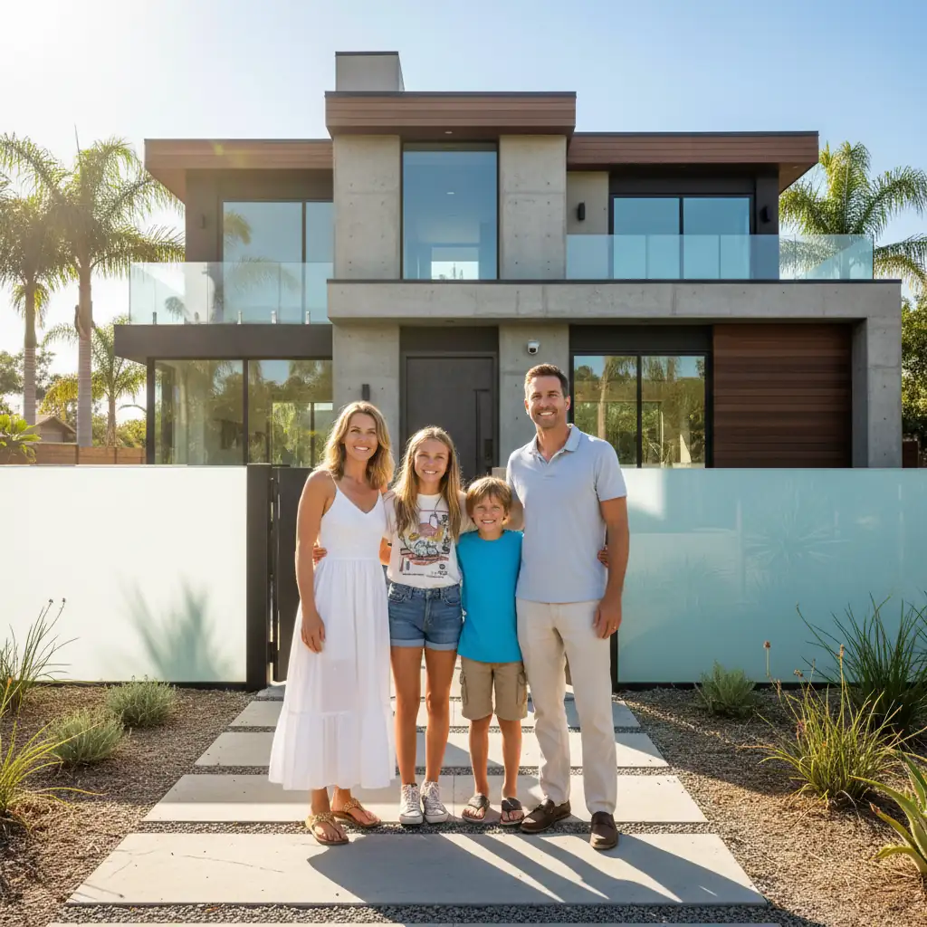 Happy family outside secure home